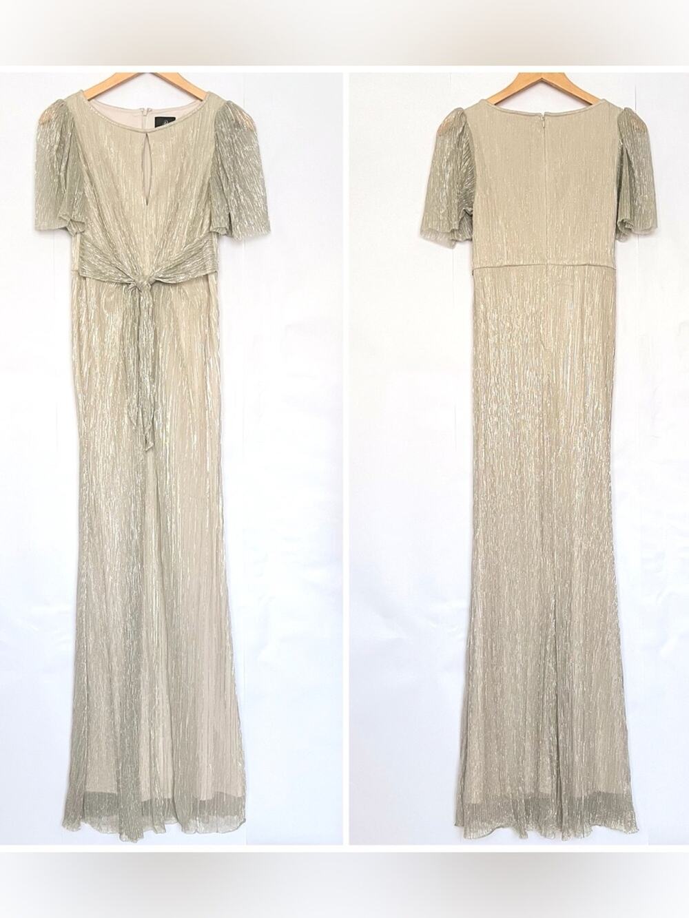 Adrianna Papell Stardust Pleated Mermaid Gown Crinkle Metallic Champagne Size 4
